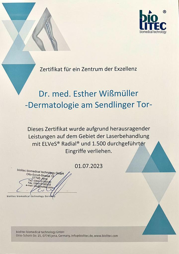 Venen Zentrum München - ELVeS® Radial® Zertifikat - Dr. med. Esther Wißmüller - Dermatologie am Sendlinger Tor